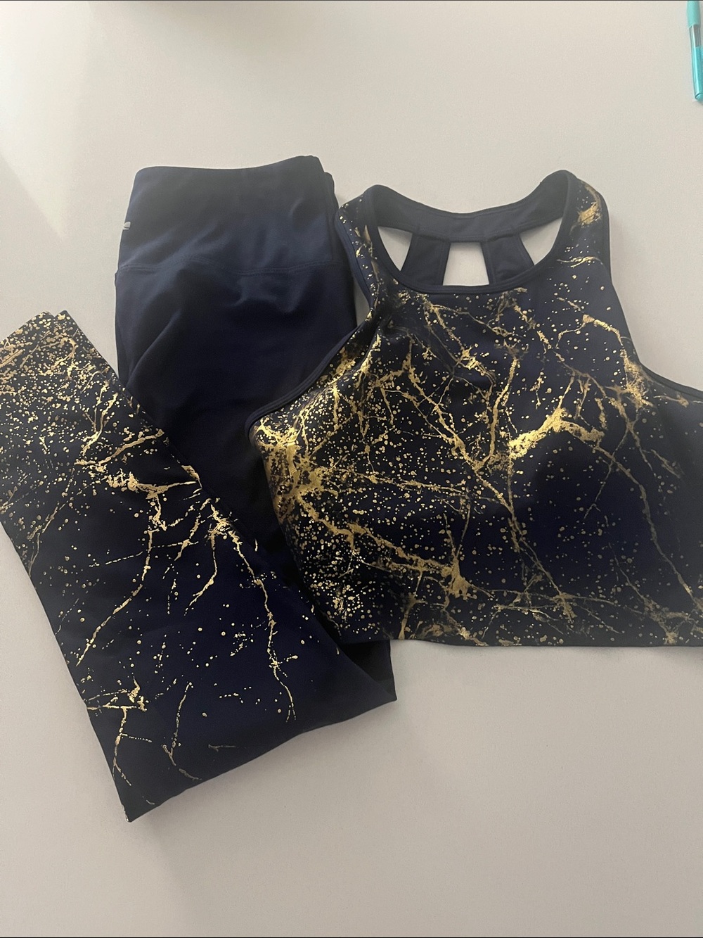 Marika Navy Leggings and Bra with Gold Marble Splash